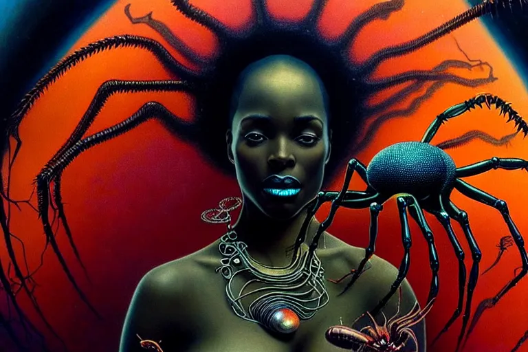 Image similar to realistic detailed closeup portrait movie shot of a beautiful black woman dancing with a giant spider, futuristic sci fi landscape background by denis villeneuve, jean deville, amano, yves tanguy, ernst haeckel, alphonse mucha, max ernst, caravaggio, roger dean, sci - fi necklace, fashion, masterpiece, rich moody colours