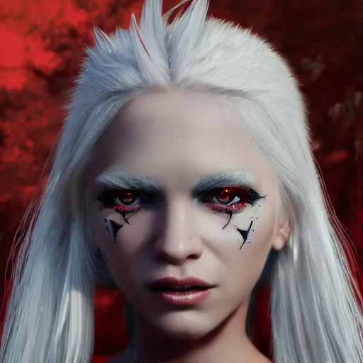 Image similar to a highly detailed portrait of a humanoid demon girl with white hair, red horns, in white clothes, artstation, deviantart, professional, unreal engine 5, photorealistic