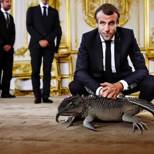 Image similar to Emmanuel Macron having a meeting with reptiles, reptiles, reptiles, reptiles, dramatic lighting, dark image, photography, masterpiece