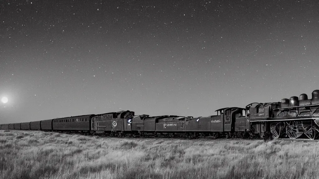 Prompt: A spectral steam locomotive pulling a train of 13 coach dimly lit by green light belching fire and smoke as it thundering across the Badlands as a ominonus moon looms in a cloudless night sky