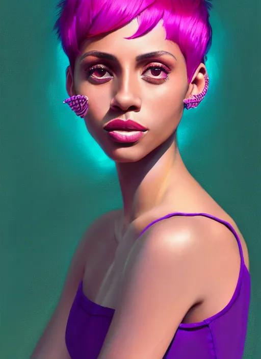 Image similar to portrait of vanessa morgan with bright pink hair, curly pixie cut hair, wearing a purple breton cap, breton cap, hoop earrings, intricate, elegant, glowing lights, highly detailed, digital painting, artstation, concept art, smooth, sharp focus, illustration, art by wlop, mars ravelo and greg rutkowski