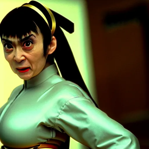 Image similar to mr. bean as chun li from the streetfighter movie. movie still. cinematic lighting.