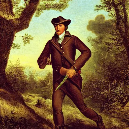 Image similar to 4 k photo of davy crockett running through woods with a flintlock