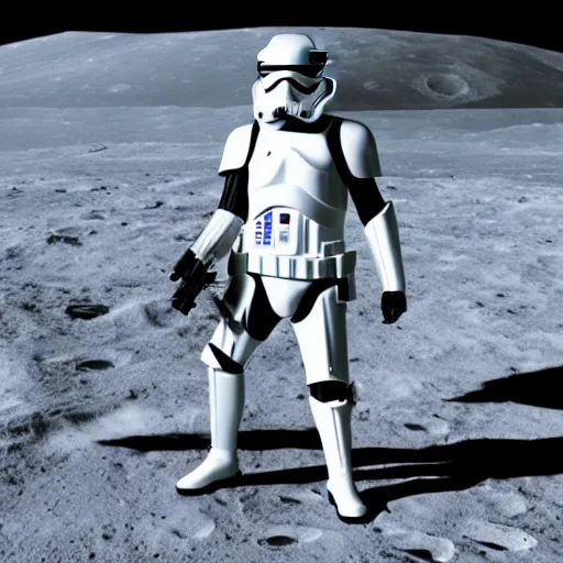 Prompt: A Star Wars Storm Trooper standing next to the American Flag on the Moon, Realistic, 4k, Lens Glare