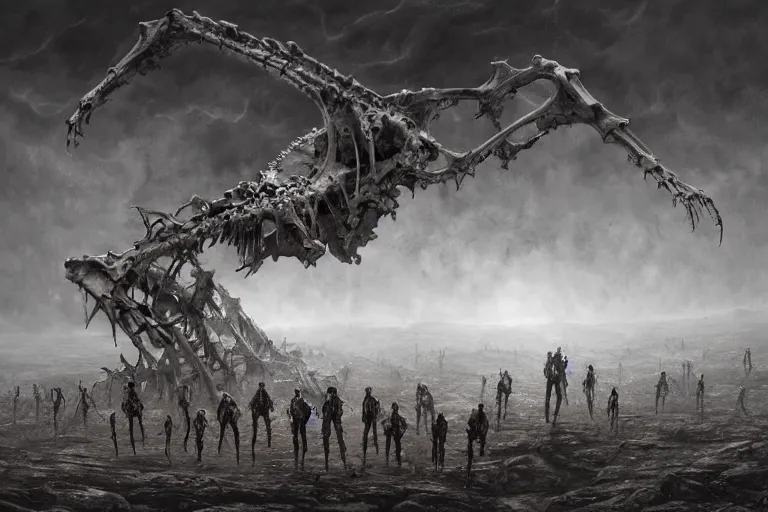 Image similar to army of bones forming, prophecy, moody, amazing concept painting, art station, by Jessica Rossier and HR giger and Beksinski, the middle of a valley; it was full of bones, bones that were very dry, there was a noise, a rattling sound, and the bones came together, bone to bone , I looked, and tendons and flesh appeared on them and skin covered them, but there was no breath in them and breath entered them, they came to life and stood up on their feet a vast army