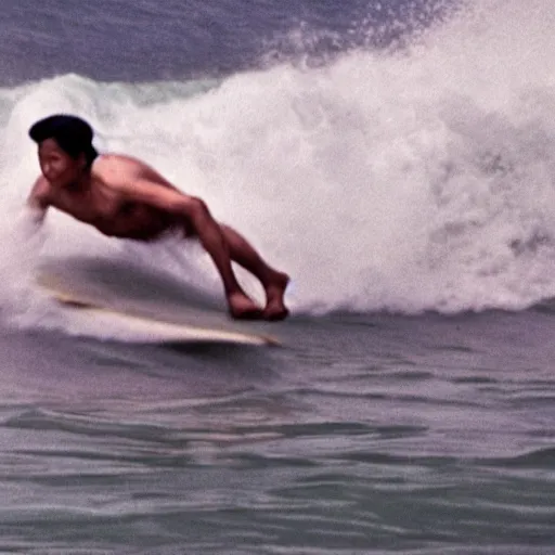 Image similar to cinematic shot of mao zedong surfing in hawaii, 8 k, very detailed, very intricate,