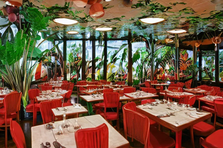 Prompt: 1 9 9 2 rainforest themed diner, tables repeat into the horizon, fruitcore, watermeloncore, one point perspective, americana, restaurant interior photography, 5 5 mm