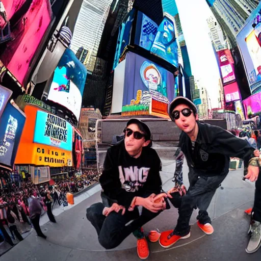 Prompt: award winning color photo, of all 3 Beastie boys, in New York times square, fisheye lens, detailed faces, 8k, balanced composition