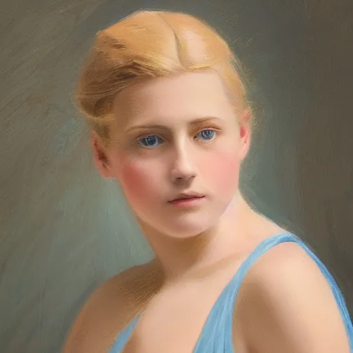 Prompt: portrait painting of a young lady in a light blue dress 1 9 0 0 s entire face shown in great detail, looking at the camera, full body in camera, blonde hair, garden, photorealistic, extreme detail, sharp focus, 8 k, intricate, hyper detailed, realistic, cinematic lighting