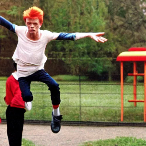 Image similar to david bowie goes skipping in a school playground