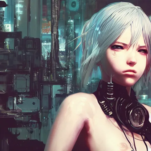 Prompt: highly detailed portrait of a post-cyberpunk young lady by Akihiko Yoshida, Greg Tocchini, 4k resolution, Nier inspired, fragile