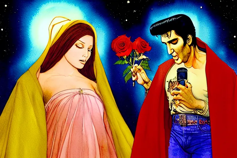 Prompt: a hyperrealist watercolour character concept art portrait of the virgin mary and elvis on well lit night in las vegas, nevada. there is a ufo. roses adorn. by rebecca guay, michael kaluta, charles vess and jean moebius giraud