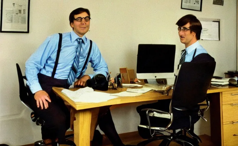 Prompt: color photo of a wall street banker wearing suspenders in his office. 8 0's style