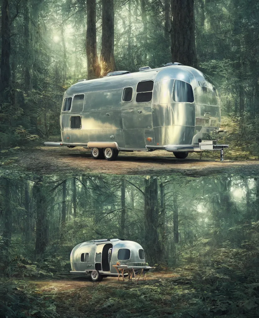 Image similar to image of a sylish vintage airstream camper in magical forest, photorealistic, digital painting, artstation, intricate artwork by Tooth Wu and wlop and beeple. octane render, trending on artstation, greg rutkowski very coherent symmetrical artwork. cinematic, hyper realism, high detail, octane render, 8k