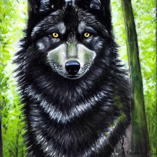 Image similar to wild and majestic black wolf beautifully standing in the shadows of some trees on a sunny day in a forest with heterochromia eyes, award winning, oil painting, high detail, high quality, 4k, stunning