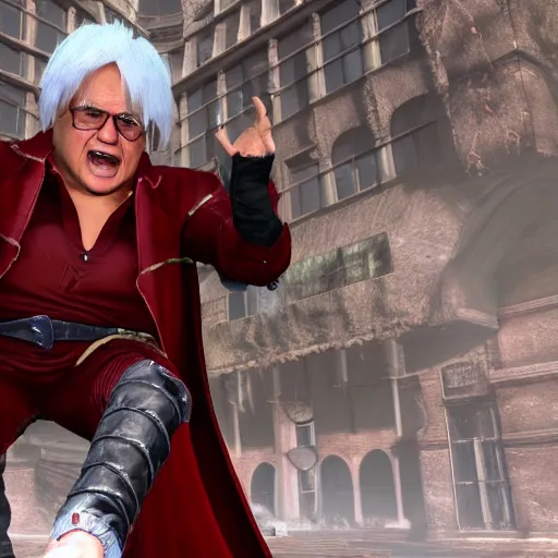 Image similar to danny devito as dante in devil may cry, game screenshot