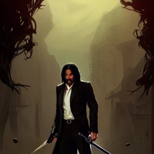 Image similar to Michael Jackson as John Wick, western, D&D, fantasy, intricate, elegant, highly detailed, digital painting, artstation, concept art, matte, sharp focus, illustration, art by Artgerm and Greg Rutkowski and Alphonse Mucha