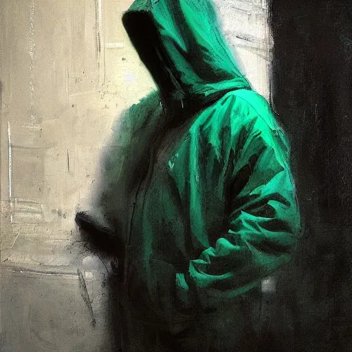 Image similar to portrait of a wondering chad programmer with green hood by jeremy mann, dramatic lighting, close up