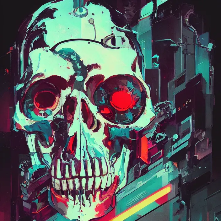 Image similar to a colorful comic noir illustration painting of a cyberpunk skull by sachin teng and sergey kolesov and artgerm and pascal blanche. in style of digital art, symmetry, sci fi, hyper detailed. octane render. trending on artstation