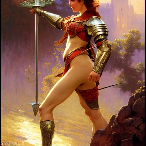 Prompt: attractive female knight pulling excalibur from the stone, natural lighting, path traced, highly detailed, high quality, digital painting, by gaston bussiere, craig mullins, alphonse mucha j. c. leyendecker