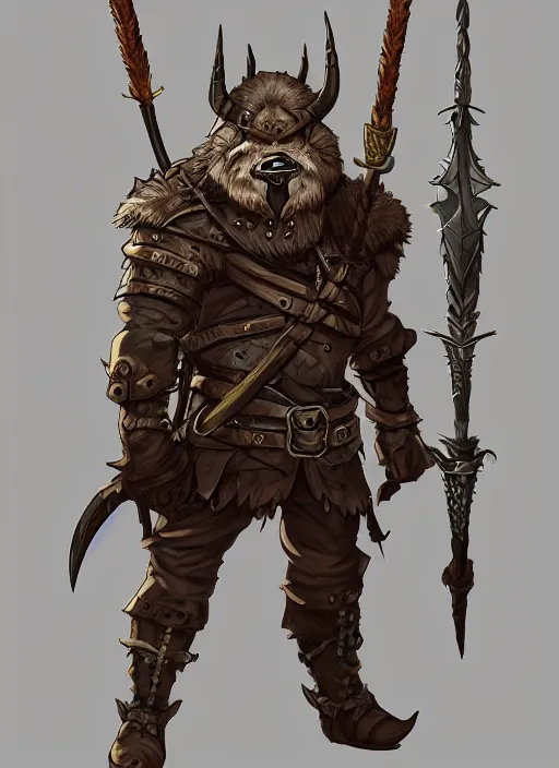 Image similar to strong young man, bugbear ranger, black beard, dungeons and dragons, hunters gear, flaming sword, jeweled ornate leather armour, concept art, character design on white background, by studio ghibli, makoto shinkai, kim jung giu, poster art, game art