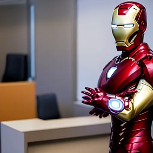 Image similar to iron man working at a corporate office