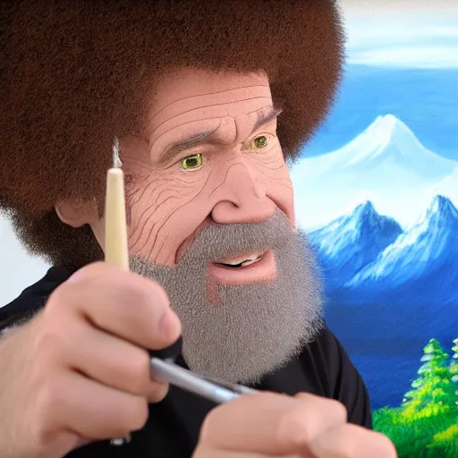 Image similar to a closeup photorealistic photograph of bob ross working on a canvas painting sonic the hedgehog. film still. brightly lit scene. mountains and trees. this 4 k hd image is trending on artstation, featured on behance, well - rendered, extra crisp, features intricate detail, epic composition and the style of unreal engine.