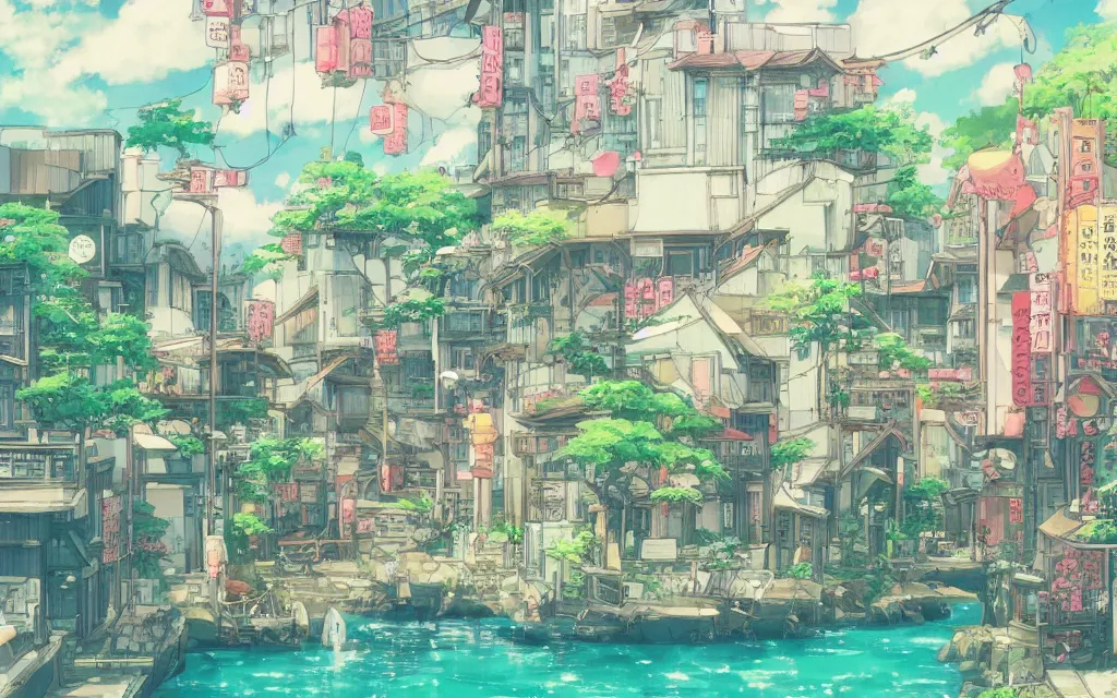 Image similar to a japanese city near the sea, lofi, dreamy, moody, very colorful, anime inspiration, ghibli vibe