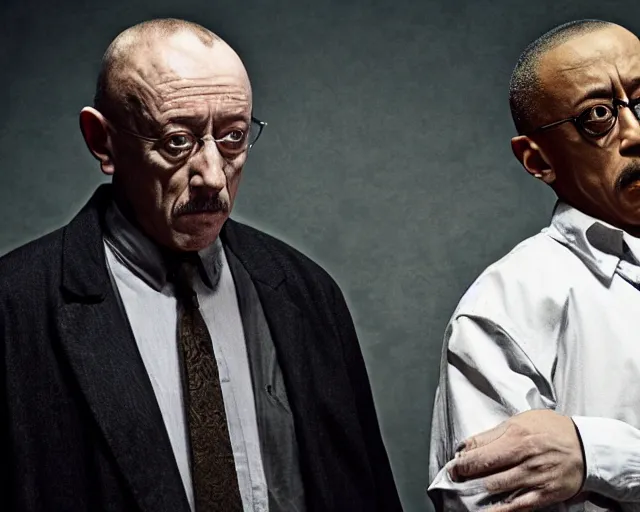 Image similar to jonathan banks as mike ehrmantraut and giancarlo esposito as gustavo fring from breaking bad, cinematic lighting, renaissance portrait, oil painting