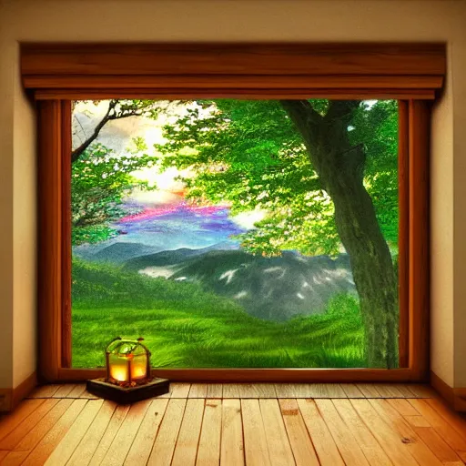 Image similar to heaven view from the interior of my cozy house from a cozy window frame fantasy pixiv scenery art inspired by magical fantasy