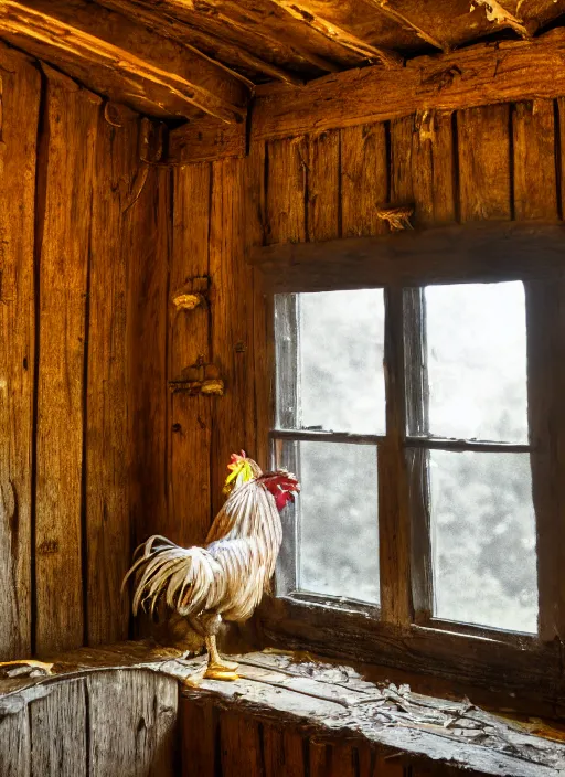 Image similar to a film production still, 2 8 mm, wide shot of a rooster, cabin interior, wooden furniture, cobwebs, spiderwebs, window light illuminates dust in the air, abandoned, depth of field, cinematic
