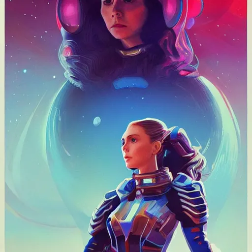 Image similar to Elizabeth Olsen as a stunning , beautiful retro SCI-FI space heroine 1985 , movie poster, intricate, elegant, highly detailed, centered, digital painting, trending on artstation, concept art, smooth, sharp focus, illustration, art by raphael lacoste ,eddie mendoza ,alex ross, WLOP