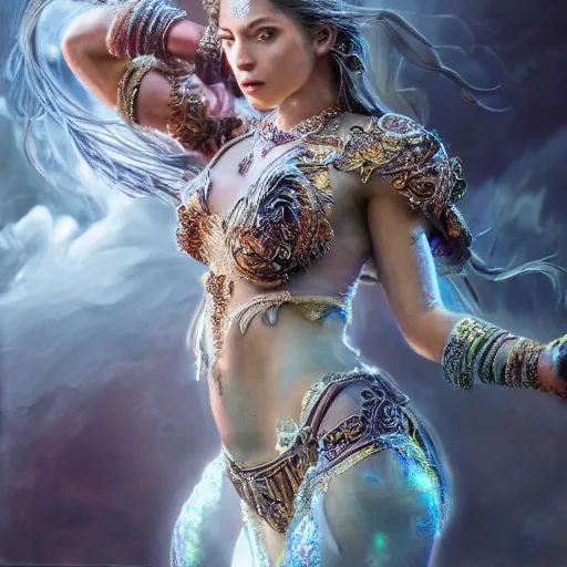 Image similar to full body pose, hyperrealistic mixed media painting of beautiful goddess, dim volumetric lighting, 8 k, octane beautifully detailed render, extremely hyper detailed, intricate, epic composition, cinematic lighting, masterpiece, trending on artstation, very very detailed, masterpiece, stunning, hdr, smooth, sharp focus, high resolution, award, winning photo, dslr, 5 0 mm