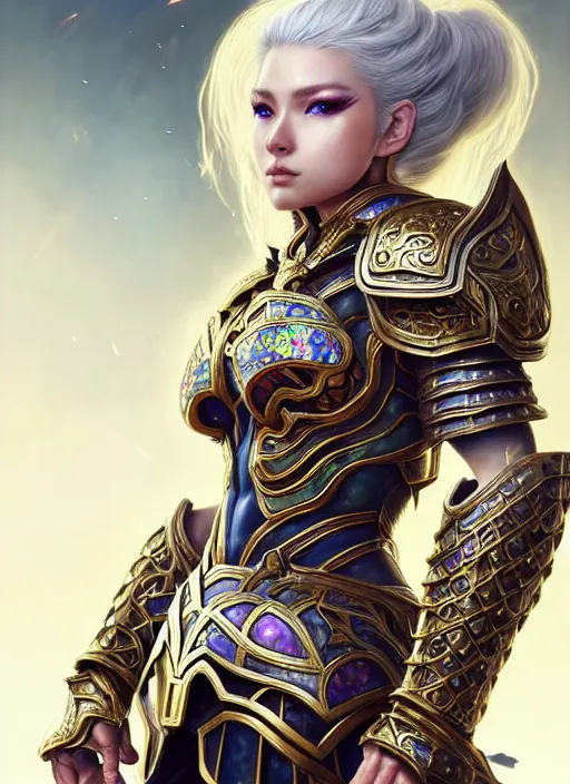 Image similar to warrior, intricate ornate opal heavy armor!!! beautiful and athletic white hair female!! gorgeous face and eyes!! character concept art, sharp focus, octane render! unreal engine 5! highly rendered!! trending on artstation!! detailed linework!! illustration by artgerm, wlop, and chie yoshii