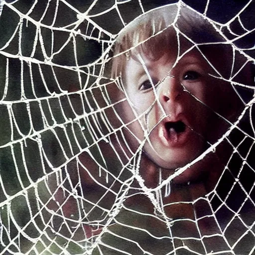 Image similar to Lord of the rings spider eating a human baby in its web realistic painting ultra detailed horror UHD 4k
