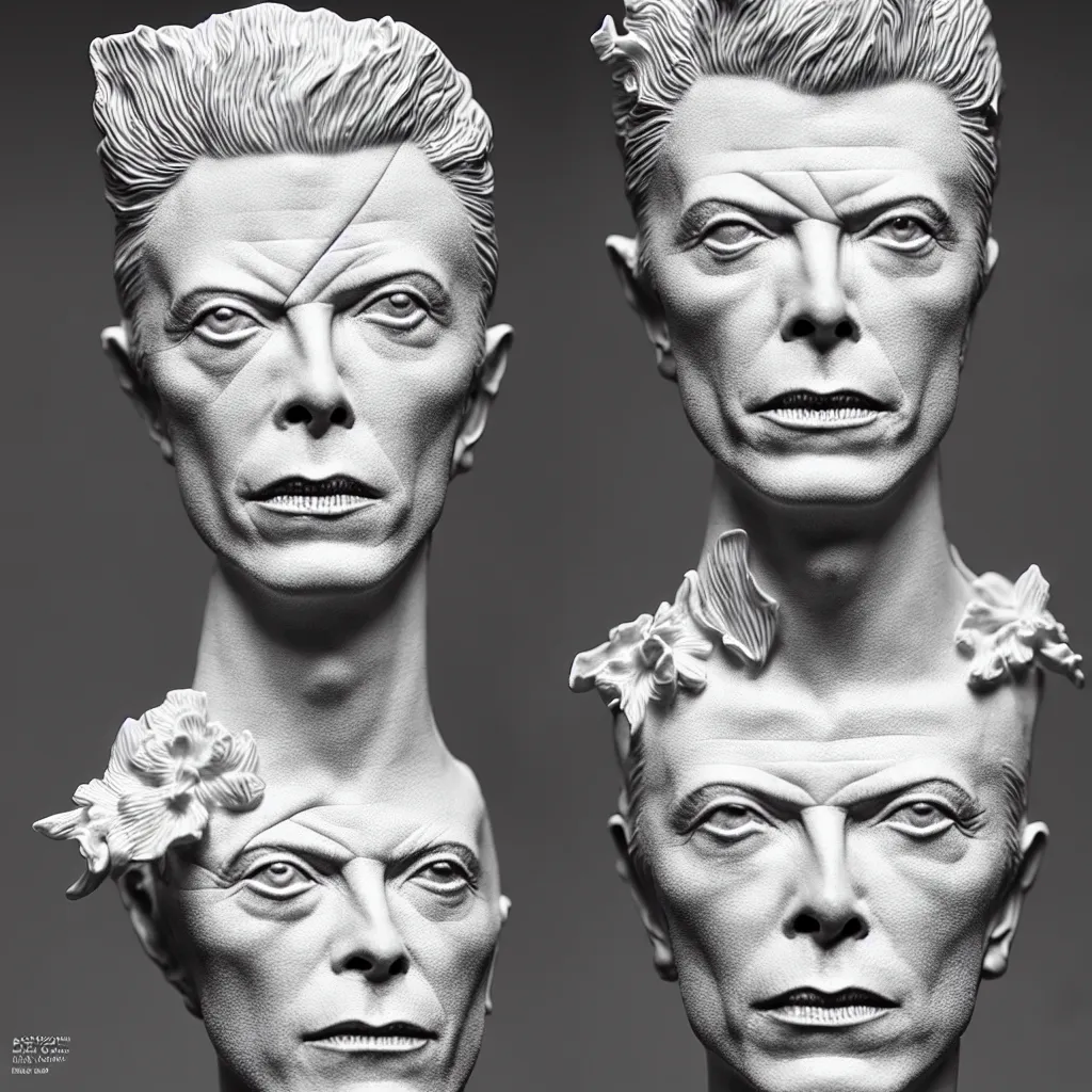 Image similar to David Bowie , A Close up photo-real delicate ceramic porcelain sculpture of a symmetrical ornate detailed in front of an intricate background by Victo Ngai and takato yamamoto, micro detail, backlit lighting, face in focus, subsurface scattering, translucent, thin porcelain, octane renderer, colorful, physically based rendering, japanese pottery, trending on cgsociety