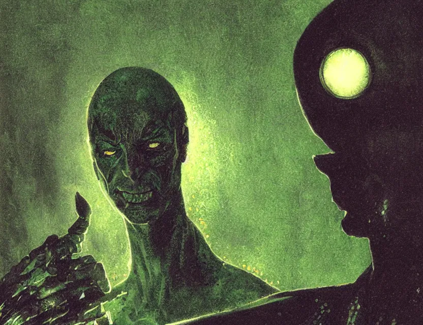 Image similar to a close - up view portrait of a silhouetted supernatural wizard in brutalist halls with metallic alien technology. close - up view, detailed textures. glowing green purple fog, dark black background. highly detailed fantasy science fiction painting by moebius, norman rockwell, frank frazetta, and syd mead. rich colors, high contrast