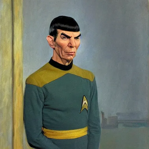 Image similar to spock ( leonard nimoy ), the vulcan officer from star trek on the bridge of the enterprise. oil painting in the style of edward hopper and ilya repin. detailed and realistic.
