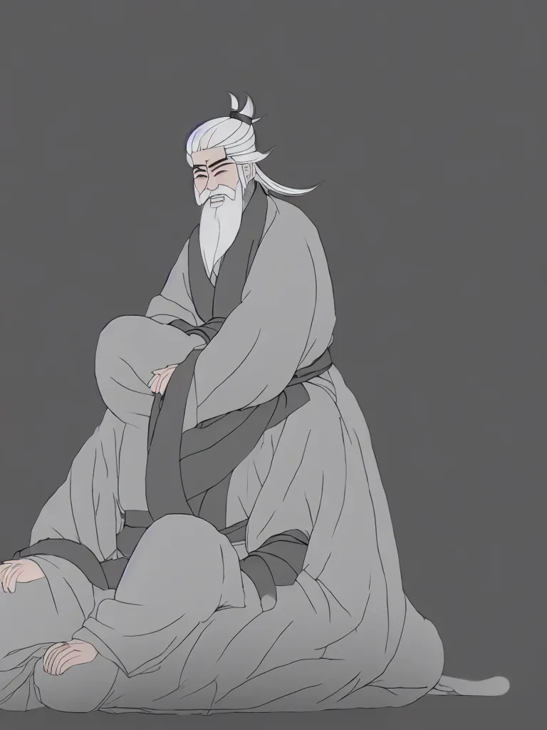 Image similar to the whole body of fuxi in chinese mythology, long white hair, long white beard, wu geng period animation style from china, wearing a grey robe, in style of makoto shinkai, raphael lacoste, akihito tsukushi, kind and solemn, sit on the ground, 3 d render, hyper detailed, 4 k hd