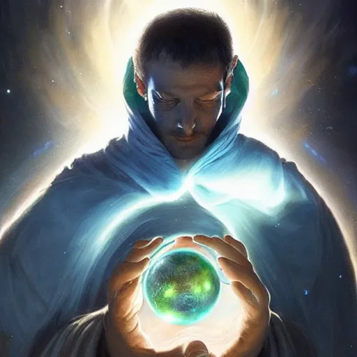 Image similar to sci - fi male traveler wearing a cloak and holding a holographic planet projection in his hand, detailed, sci - fi, digital painting, artstation, sharp focus, illustration, ominous, artgerm, tomasz alen kopera, peter mohrbacher, donato giancola, joseph christian leyendecker, wlop, frank frazetta