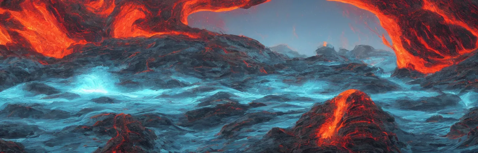 Image similar to painting of lava river scene on an alien planet by vincent bons. ultra sharp high quality digital render. detailed. beautiful landscape. weird vegetation. water.