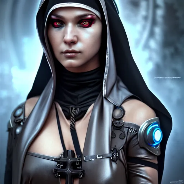 Image similar to cyberpunk nun warrior, highly detailed, 4 k, hdr, smooth, sharp focus, high resolution, award - winning photo, artgerm, photorealistic