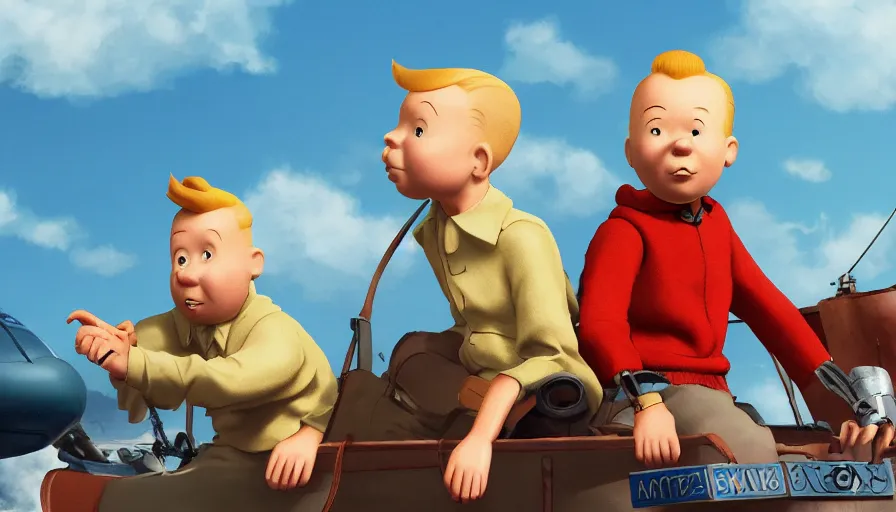 Image similar to Tintin and captain Haddock, hyperdetailed, artstation, cgsociety, 8k