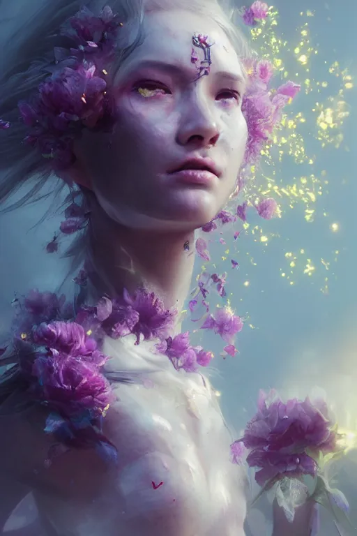 Image similar to beautiful girl necromancer exploding into flowers, 3 d render, hyper - realistic detailed portrait, holding electricity, ruan jia, wlop. scifi, fantasy, hyper detailed, octane render, concept art,