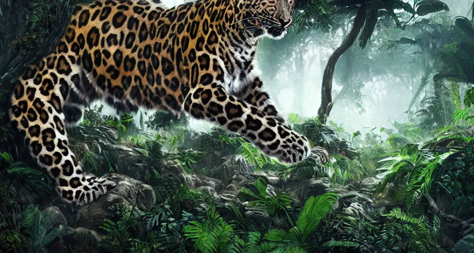 Prompt: wide angle shot of a cybernetic leopard in a jungle environment, dramatic lighting, cinematic, cgsociety, artstation, 4k