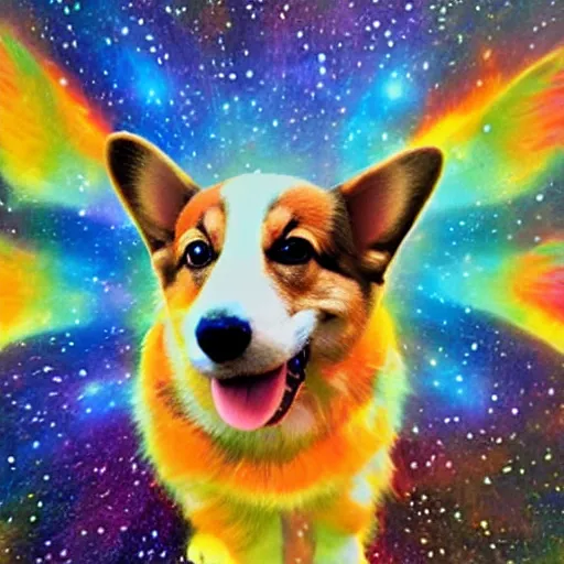 Image similar to a corgi with wings of fire flying through the galaxy, psychedelic