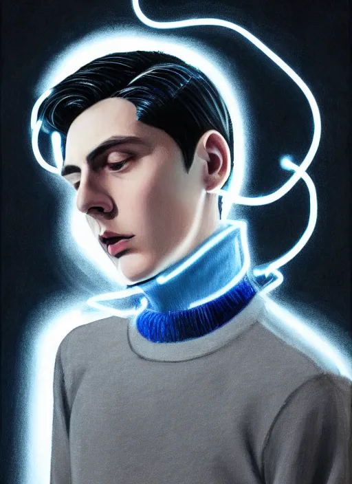 Image similar to portrait of teenage jughead jones wearing a light grey crown, crown, blue turtleneck, 1 9 5 0 s, closed eyes, photorealistic, black hair, glowing lighting, intricate, elegant, glowing lights, highly detailed, digital painting, artstation, concept art, smooth, sharp focus, illustration, art by wlop, mars ravelo and greg rutkowski