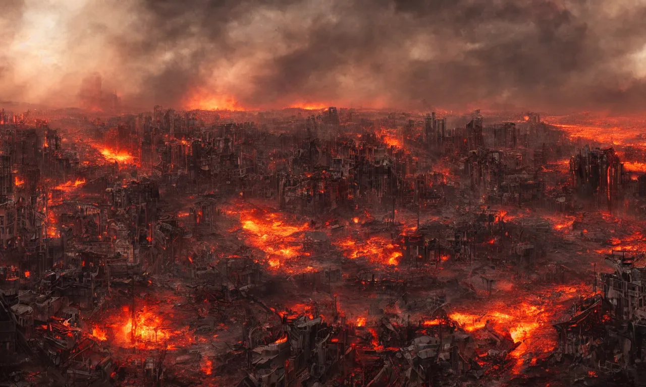 Prompt: the end of civilization in the city, apocalypse, cityscape, low level camera view, atomic bomb explosion, fire, hell on earth, detailed, cinematic lighting, concept art, photographic, artstation, deviantart, cgsociety,