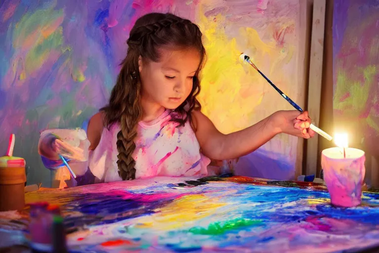 Prompt: a cute little girl with braided hair learns to paint, on an empty canvas in her art room, paintbrush and palettes, junior artist, dark room with candles and lava lamps, photorealism, digital photography, trending on artstation, volumetric lighting