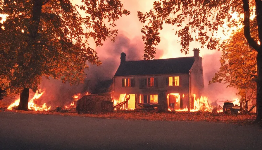 Image similar to 1 9 7 0 s movie still of a heavy burning french style little house by night in autumn, in a small northern french village, by sony mini dv camera, heavy grain, high quality, high detail, dramatic light, anamorphic, flares